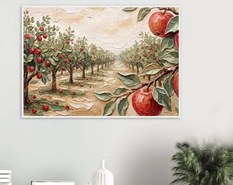 Pôster abstrato de pomar de maçãs emoldurado, arte de parede 3D com maçãs vermelhas em estilo impasto, impressão horizontal texturizada de galhos de frutas, tela para cozinha e sala de jantar.