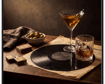 Vinil e Uísque – Arte de Parede Vintage de Bar | Pôster Clássico em Papel Semibrilhante com Moldura de Madeira