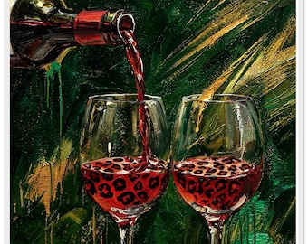 Wild Pour – Arte de parede para taça de vinho com estampa de leopardo | Pôster clássico em papel semibrilhante com moldura de madeira