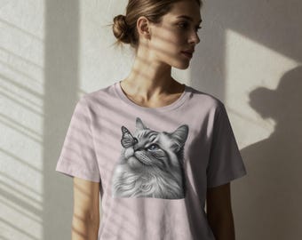 Persian Cat Butterfly PNG, Scratchboard Style T-Shirt Design (Digital Download)
