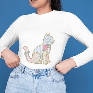 Pastel patchwork kat SVG PNG T-shirts ontwerp, Coquette Blue Bow Cat Cut-bestand.