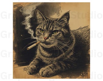 Arte digital de gato atigrado fumando estilo vintage - Ilustración de gato genial con cigarrillo - SVG y PNG de alta resolución 300 DPI