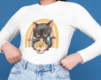 Kawaii Black Kitten Ramen PNG Clipart, Anime Cat Lover T-Shirt Design.