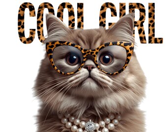 Paquete de gatos lindos, PNG de gata chica genial con gafas de leopardo, diseño de gato atrevido, SVG de estampado animal para Cricut, imágenes prediseñadas de gatos de lujo, uso comercial,