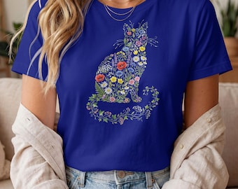 Wildflower Cat Silhouette PNG, Botanical Floral T-Shirt Design, Cottagecore Sublimation (Digital Download)