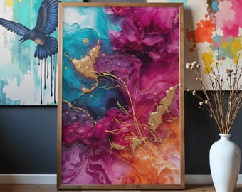Impresión abstracta en tinta de alcohol magenta, verde azulado y dorado – Pintura fluida vibrante (descarga digital)
