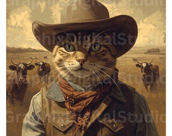 Gato vaquero PNG SVG para diseño de camisetas / Gato atigrado occidental Descarga digital / Uso comercial / Fondo transparente.