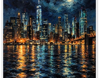 Pôster emoldurado com paisagem urbana noturna, arte de parede com vista para a cidade ao luar, impressão de pintura urbana noturna, decoração com luzes azuis e douradas da cidade, moldura de madeira.