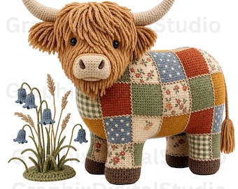 Patchwork Highland Cow SVG PNG, Floral Cottagecore Clipart (Digital Download)