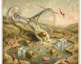 Martini Oasis – Arte de parede surreal com tema de piscina de coquetéis | Pôster clássico em papel semibrilhante com moldura de madeira