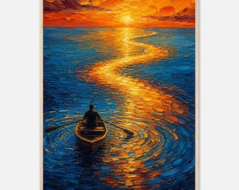 Quadro decorativo de barco ao pôr do sol, pôster emoldurado com pôr do sol no oceano, impressão de pintura de barco a remo, decoração de parede costeira, arte emoldurada em madeira semibrilhante, decoração para casa