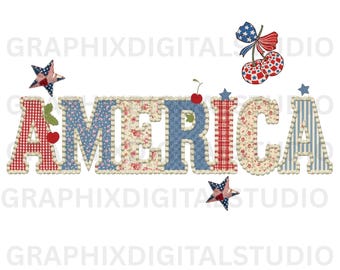 Diseño floral vintage americano en formato SVG y PNG, diseño retro patriótico para camisetas con apliques, sublimación de cerezas coquetas, patchwork patriótico de estilo shabby chic.