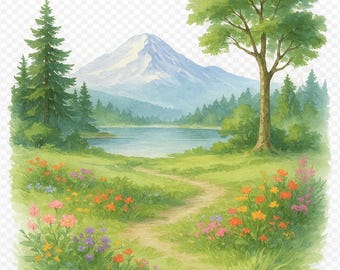 Impresión artística de pradera de lago de montaña estilo cottagecore / Paisaje floral (descarga digital)