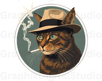 Arte digital de gato detective atigrado - Gato negro con sombrero fedora y cigarrillo Ilustración vintage de mascota