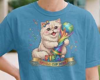 Persian Cat FIFA World Cup 2026 PNG, Cat Soccer Trophy T-Shirt Design.