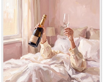 Quadro decorativo para quarto com tema champanhe | Pintura matinal em tons de rosa | Pôster emoldurado aconchegante e elegante