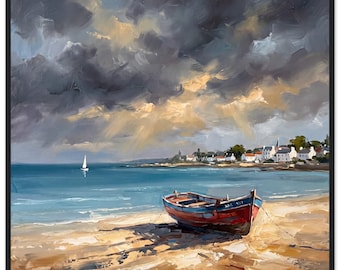 Pôster emoldurado de praia costeira tempestuosa | Arte de parede com paisagem marítima e barco de pesca | Impressão de pintura impressionista do oceano