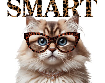 Sassy Cat PNG, Leopard Glasses, Pearl Necklace, Luxury Clipart (Digital Download)