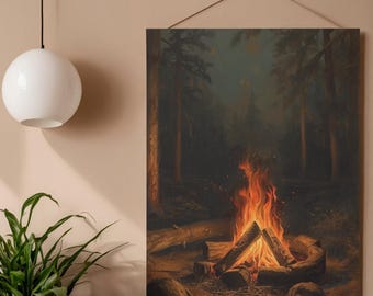 Lámina artística con diseño de fogata, pintura al óleo de un bosque de pinos con ambiente melancólico, decoración de pared para cabaña (descarga digital)