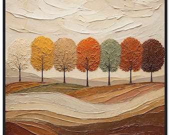 Pôster emoldurado de árvores de outono, arte de parede 3D com paisagem outonal em impasto, impressão quadrada texturizada de colinas e floresta, obra de arte em tela com tema da natureza para sala de estar.