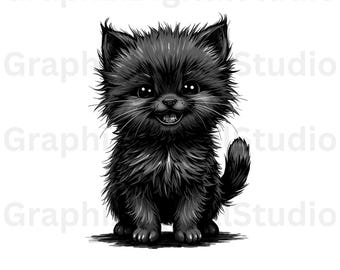 Diseño SVG de camiseta con un lindo gato negro esponjoso, gatito desaliñado para sublimación, uso comercial, descarga instantánea.