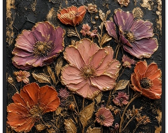 Pôster abstrato floral emoldurado, arte de parede 3D com efeito folha de ouro, impressão texturizada em moldura de madeira com motivos botânicos, obra de arte em tela quadrada com estampa floral melancólica.