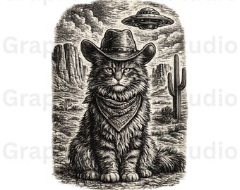 Gato vaquero OVNI Descarga digital, Gato vaquero espacial SVG PNG, Diseño divertido de camiseta de gato, Estilo de grabado en madera vintage, Arte de gato del oeste