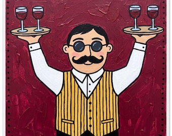 O Garçom – Arte de Parede com Tema de Vinho em Estilo Folk e Divertido | Pôster Clássico em Papel Semibrilhante com Moldura de Madeira
