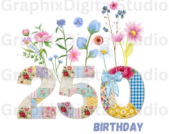 Diseño floral en acuarela para el 250 cumpleaños (SVG y PNG), descarga digital de patchwork para el 250 aniversario, diseño de camiseta de cumpleaños con flores silvestres, sublimación con lazo coqueto.