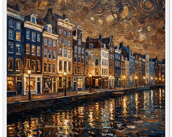 Noites nos Canais – Arte de Parede com Paisagem Urbana de Amsterdã | Pôster Clássico em Papel Semibrilhante com Moldura de Madeira