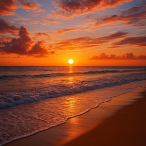 Può includere: Un tramonto vibrante sull'oceano. Il cielo è pieno di nuvole arancioni e rosse, con il sole che si riflette sull'acqua. La spiaggia è in primo piano, con le onde che rotolano dolcemente sulla riva.