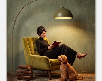 Impressão artística vintage de uma mulher lendo com um filhote de Golden Doodle, estilo biblioteca melancólica (em tela).