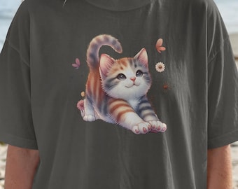 Playful Calico Kitten Watercolor PNG, Butterflies Flowers T-Shirt Design (Digital Download)