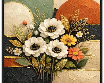 Pôster abstrato floral emoldurado, arte de parede 3D com efeito folha de ouro, impressão texturizada em moldura de madeira com motivos botânicos, obra de arte em tela quadrada com estampa floral boho-chic.