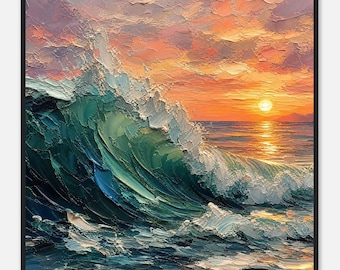 Pôster emoldurado com textura de ondas do oceano, pintura de paisagem marinha em tons de azul profundo, arte de parede costeira com pôr do sol em estilo impasto, gravuras de praia emolduradas em madeira, arte de parede