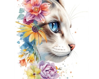 Watercolor Floral Cat Prints for Shirts, Floral Animal Portrait (Digital Download Bundle)