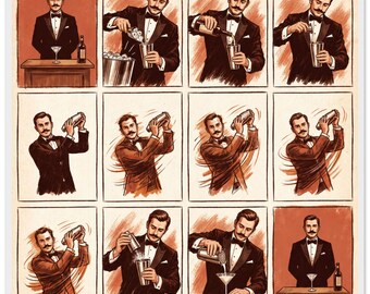 A Arte do Shake – Pôster Vintage de Coquetel de Mixologista | Papel Semibrilhante Clássico, Moldura de Madeira para Decoração de Parede