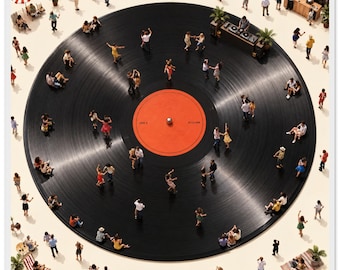 Pôster emoldurado de festa dançante com discos de vinil, pessoas dançando sobre discos de vinil, arte de parede para amantes da música retrô, arte com vista aérea lúdica, moldura de madeira