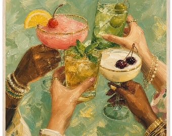 Quadro decorativo com brinde de coquetel | Pôster de pintura para brunch entre amigas | Impressão impressionista colorida de brinde de coquetel