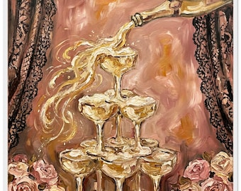 Cascata de Champanhe – Arte de Parede Elegante para Celebrações | Pôster Clássico em Papel Semibrilhante com Moldura de Madeira