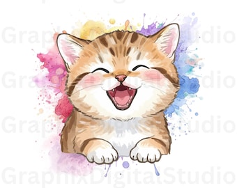 Smiling Cat Clipart for T shirt Printing | Watercolor Cat print.