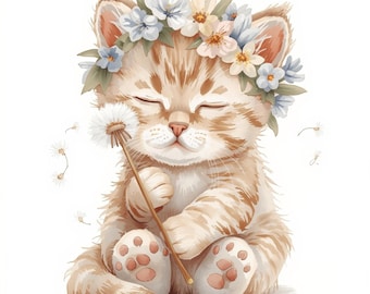 Watercolor Kitten Art Prints – Floral Cat Illustration Bundle (Digital Download)