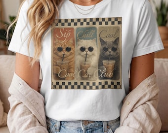 Retro Cat Clipart PNG, Vintage Cats Iced Coffee Sublimation Design (Digital Download)