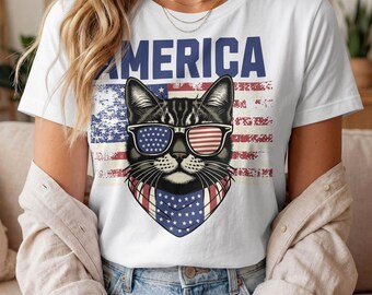 Patriotic Cat with USA Flag Sunglasses and Bandana (Digital Download)