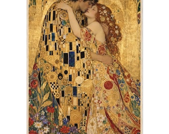 O Beijo, de Gustav Klimt - Quadro em Tela com Moldura, Decoração de Quarto com Toque de Romance Atemporal