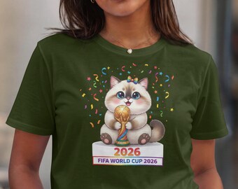 Cat FIFA World Cup 2026 PNG, Kawaii Kitten Soccer Trophy T-Shirt Design.