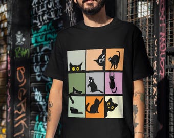 Camiseta estilo retro vintage, diseño de cuadrícula con divertidas poses de gatos / ilustración minimalista de gato, camiseta estilo vintage de los años 80
