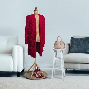 Handmade Chunky Knit Cardigan – Red Popcorn Sleeve Sweater | Oversized Winter Coatigan | Women’s Cozy Knitwear