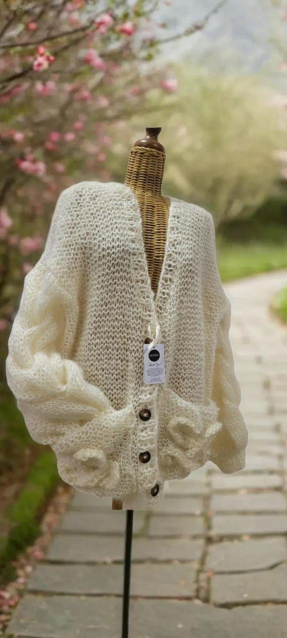 Handmade Organic Mohair Knit Cardigan: Cream Fluffy Sweater