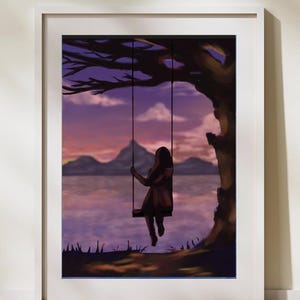 Poster da parete "Ragazza nella Natura", cieli rosa e viola, altalena, montagne, tranquillo e rilassante. Accogliente, rilassante, regalo per inaugurazione della casa, amici e familiari.